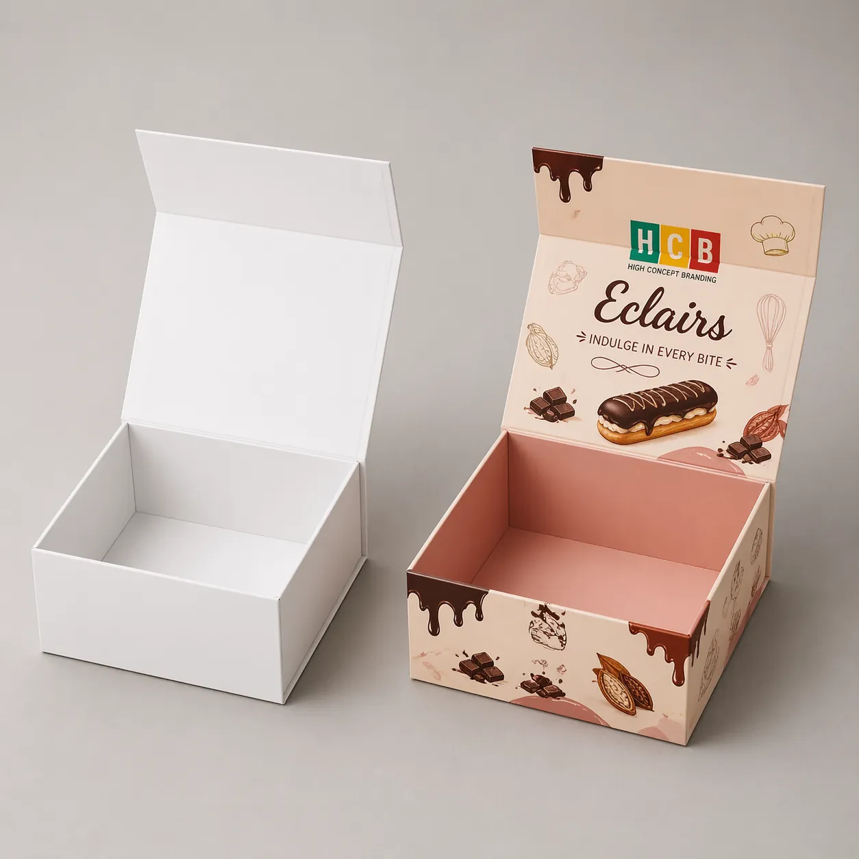 A premium white gift box standing next to a branded version with elegant pastry illustrations. class=